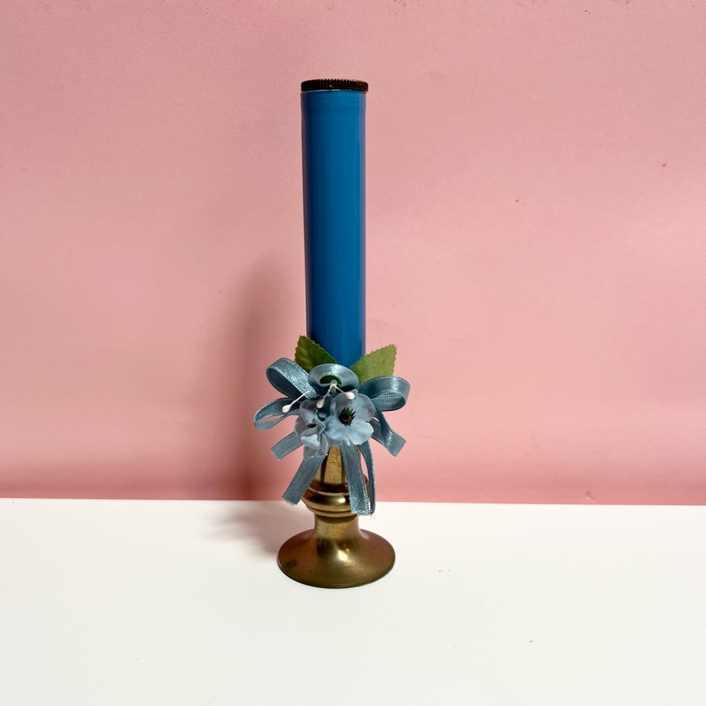 Vintage retro mid century blue candlestick holder with bow